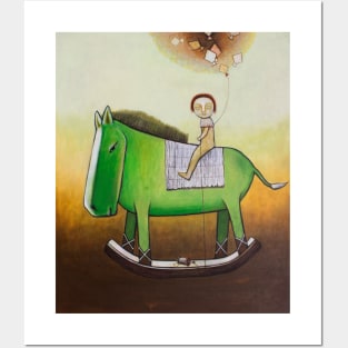 Child rides a green toy horse Posters and Art